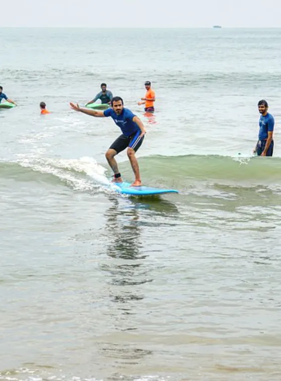 Surfing at Serenity Beach inj pondicherry